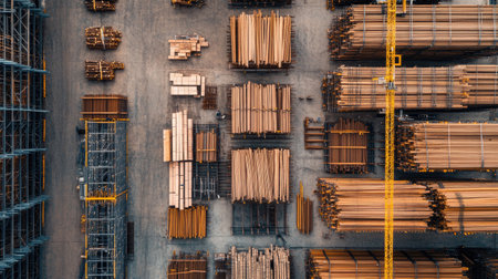 Top-down view of scaffolding components stacked in a warehouse, ready for construction use.の素材
