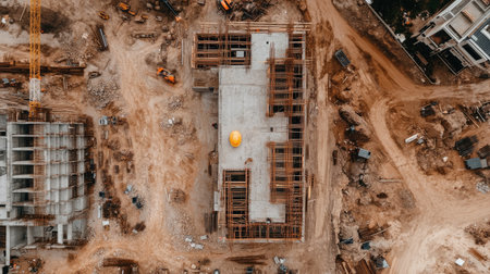 Aerial view of a construction site with a single hard hat placed on an unfinished structure.の素材