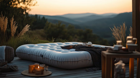 An outdoor patio setup with an air mattress and a cozy blanket, perfect for relaxing under the stars.の素材
