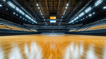 A wide-angle shot of a professional indoor arena, with sleek bleachers and high-end lighting casting shadows over the court.の素材