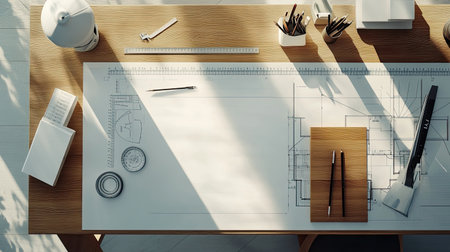 Minimalist workspace with architectural tools, scale rulers, and a protractor placed neatly on a blueprint background.の素材