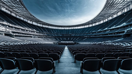 A spacious open-air arena with rows of empty seats facing a stage, ideal for hosting large outdoor events.の素材
