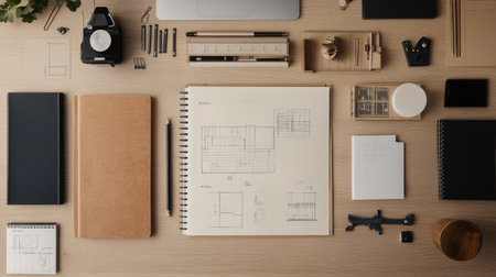 Flat lay of an architect's workspace featuring sketchbooks, drafting tools, and a modern workspace setup.の素材