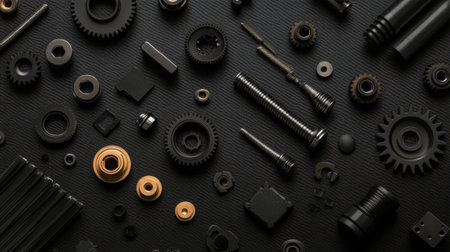 Flat lay of an engineering workspace featuring gears, nuts, and washers on a dark surface.の素材
