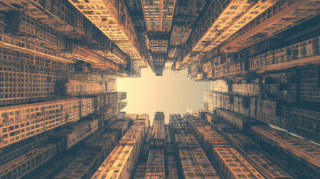 Aerial view of scaffolding covering a skyscraper under construction, emphasizing urban growth.の素材