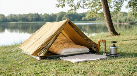 A well-organized camping setup with a tent, sleeping bag, and portable stove on a grassy field near a lake.の素材