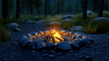 A well-constructed campfire surrounded by stones, flickering softly in the cool evening air of a forest clearing.の素材