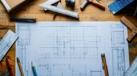 Top-down view of drafting instruments, a cutting mat, and technical drawings arranged aesthetically for architectural creativity.の素材