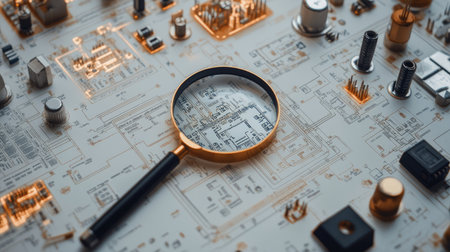Top-down view of an engineering desk with a magnifying glass over detailed schematics.の素材
