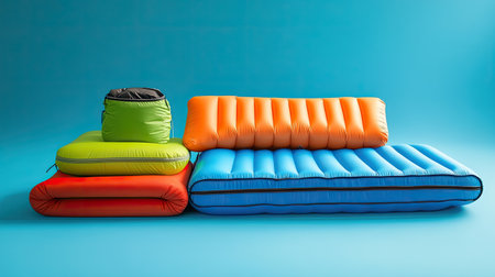 A neatly arranged air mattress rolled up and packed in a carrying bag, ready for outdoor adventures.の素材