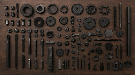 Flat lay of metallic gears and mechanical tools carefully placed on an industrial workbench.の素材