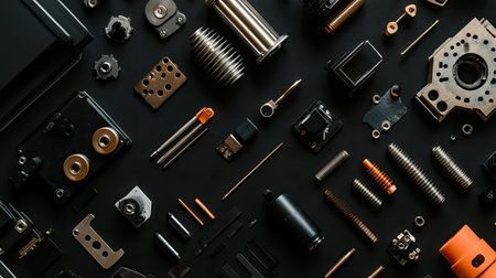 Top-down view of precision mechanical parts arranged neatly on an engineering table.の素材