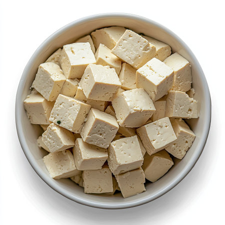 A bowl filled with cubed tofu, simple and minimalist, isolated on a white background.の素材