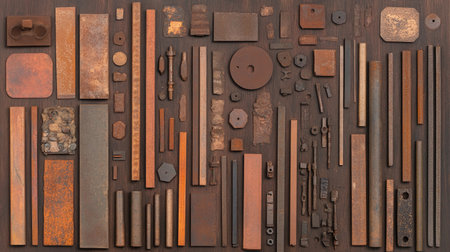 Flat lay of metal scaffolding elements with rusted textures and signs of wear, adding industrial character.の素材