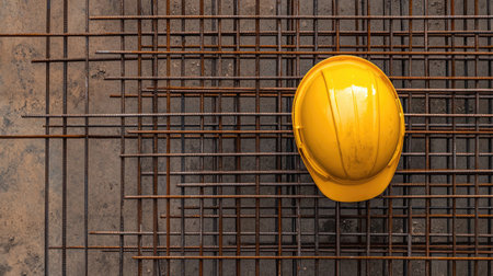 Top-down view of a yellow hard hat positioned on a steel rebar framework at a worksite.の素材