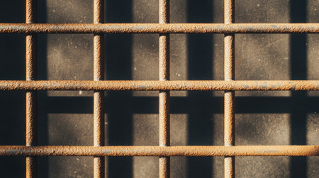 Top-down view of a grid-like arrangement of metal scaffolding pipes with shadows.の素材