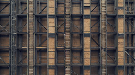 Flat lay of scaffolding elements such as metal planks, braces, and support structures, forming an urban aesthetic.の素材
