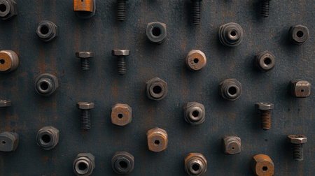 Flat lay of scaffolding joints and bolts placed on a metal surface, highlighting construction engineering details.の素材
