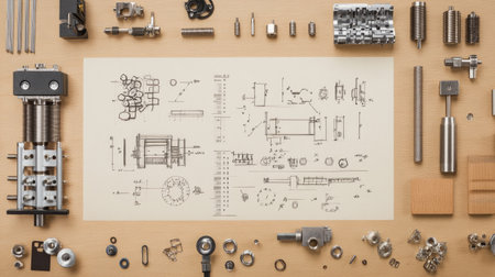 Flat lay of a steel workbench with a mechanical prototype and engineering notes.の素材