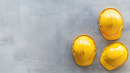 Flat lay of three yellow hard hats placed side by side on a metallic surface with copy space.の素材