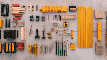 Flat lay of an assortment of scaffolding braces and structural supports on concrete.の素材