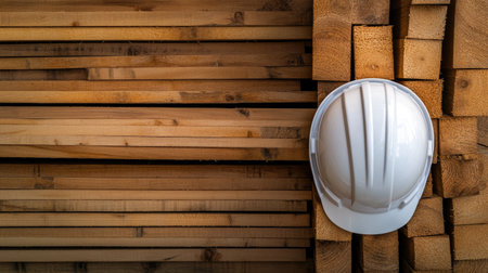 Top view of a hard hat sitting on a stack of wooden planks at a construction site.の素材