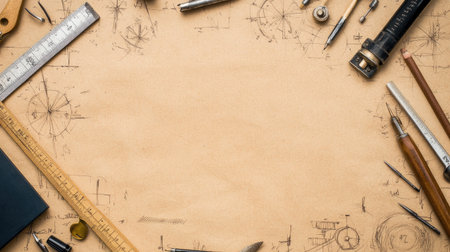 Blueprint details with a precision drafting ruler and sketching instruments arranged on a neutral surface.の素材