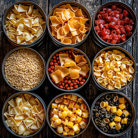 An overhead shot of multiple opened cans displaying different food items.の素材