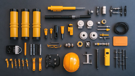 Flat lay of scaffolding pipes and connectors neatly placed on an industrial background.の素材