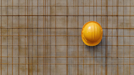 Top view of a single hard hat resting on metal scaffolding at an urban construction site.の素材