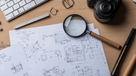 Top-down view of an engineering desk with a magnifying glass over detailed schematics.の素材