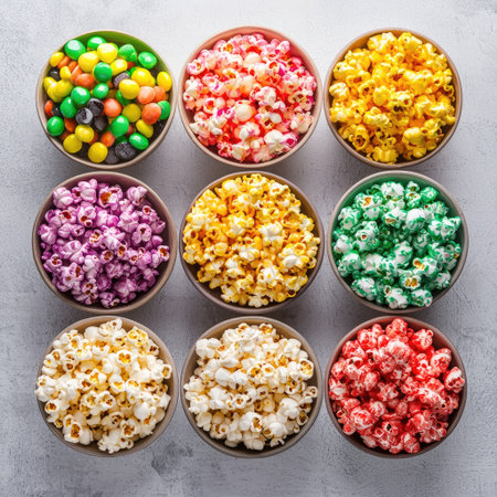 A selection of candy-coated popcorn, colorful and fun snack.の素材