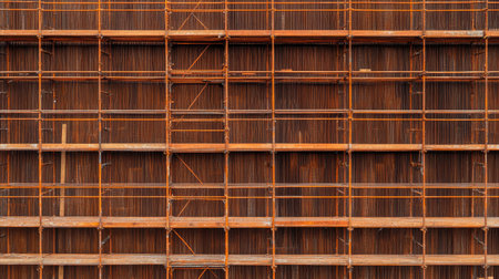 Top-down view of construction scaffolding with diagonal and horizontal beams creating a dynamic industrial look.の素材