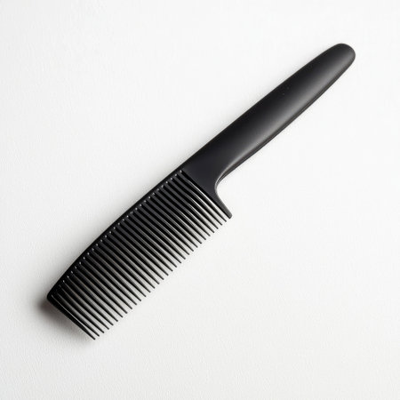 A black comb with a pointed tip for parting hair, isolated on a white surface.の素材