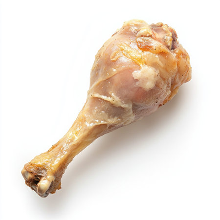 A raw turkey drumstick with skin on, isolated on white.の素材