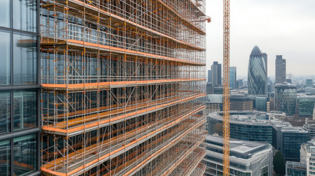 Top view of a high-rise scaffolding system wrapping around a modern glass building under construction.の素材
