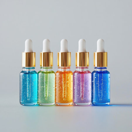 A set of skincare droppers with different colored serums inside.の素材
