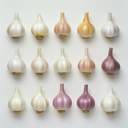 A neatly arranged row of garlic cloves, varying in size and shape.の素材