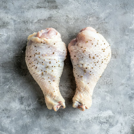 A pair of raw chicken drumsticks placed side by side, ready to cook.の素材