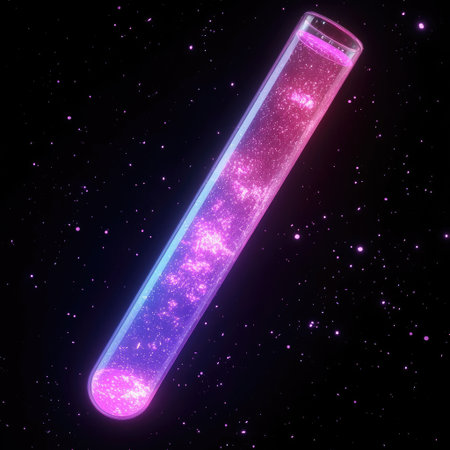 A test tube with glowing neon liquid inside, futuristic concept.の素材