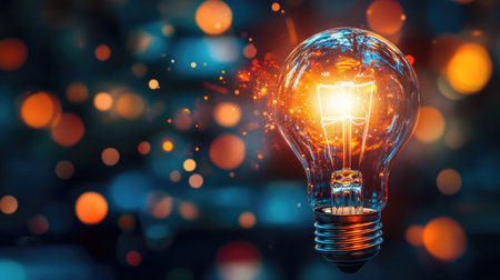 A concept image of a light bulb glowing brightly, symbolizing creative success.の素材