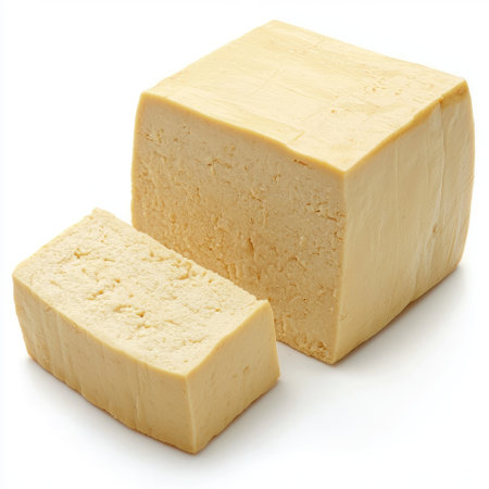 A block of firm tofu with a slice cut out, showing the texture inside, isolated on white.の素材