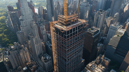 Top view of a high-rise scaffolding system wrapping around a modern glass building under construction.の素材