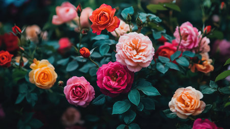 A close-up of blooming roses in a garden with soft petals and vibrant colors, surrounded by green foliage.の素材