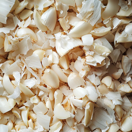 A close-up of crushed garlic with its juices visible, fresh and aromatic.の素材