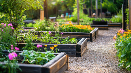 A backyard garden with raised vegetable beds, surrounded by flowers and lush greenery.の素材