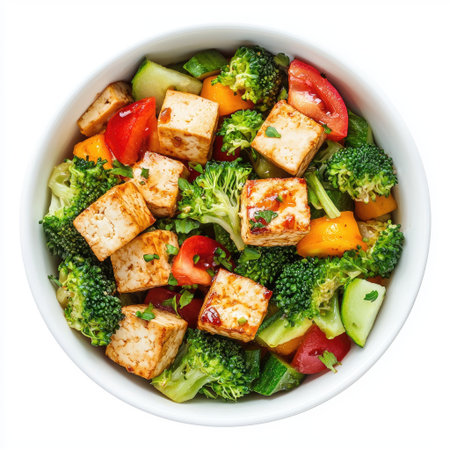 Tofu cubes mixed with vegetables in a white bowl, representing a healthy meal.の素材