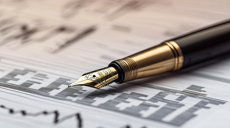 A close-up of a financial newspaper with a fountain pen resting on it, symbolizing market analysis.の素材