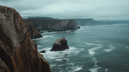 A cliffside view of the ocean with waves crashing against the rocks below and a cloudy sky above.の素材