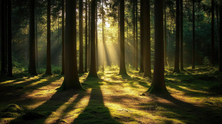 A dense woodland with towering trees, casting long shadows on the forest floor, creating a tranquil and calming scene.の素材